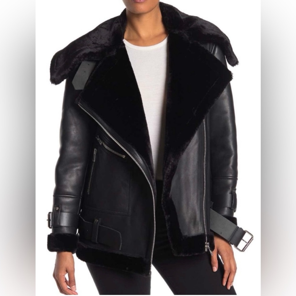 NWT Walter Baker Celine Genuine Leather Faux Fur Black Jacket